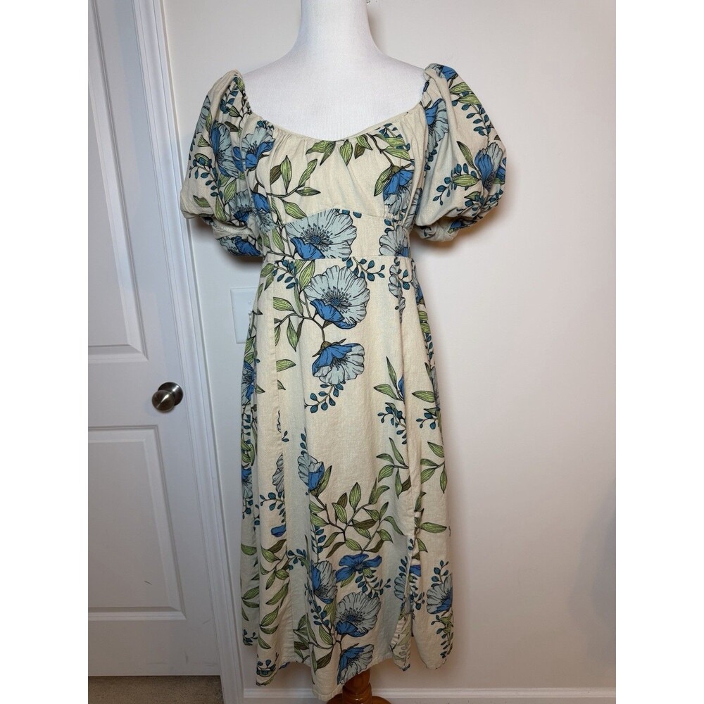 Tulip Creations Floral Smocked Puff Sleeve Midi Dress Women’s Large Tan Blue